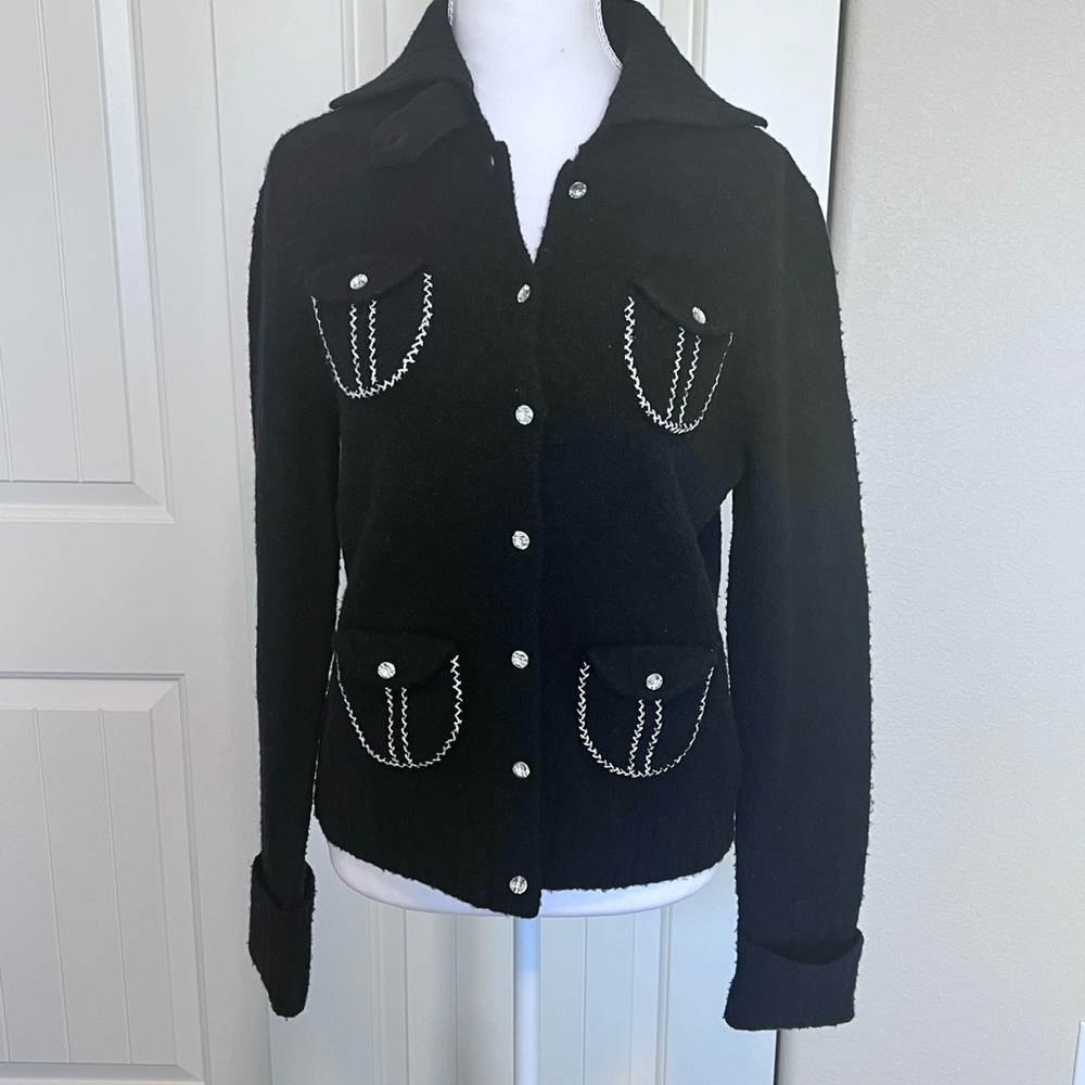 Wool Blend Cardigan with faceted buttons silver thread detail on flap pockets